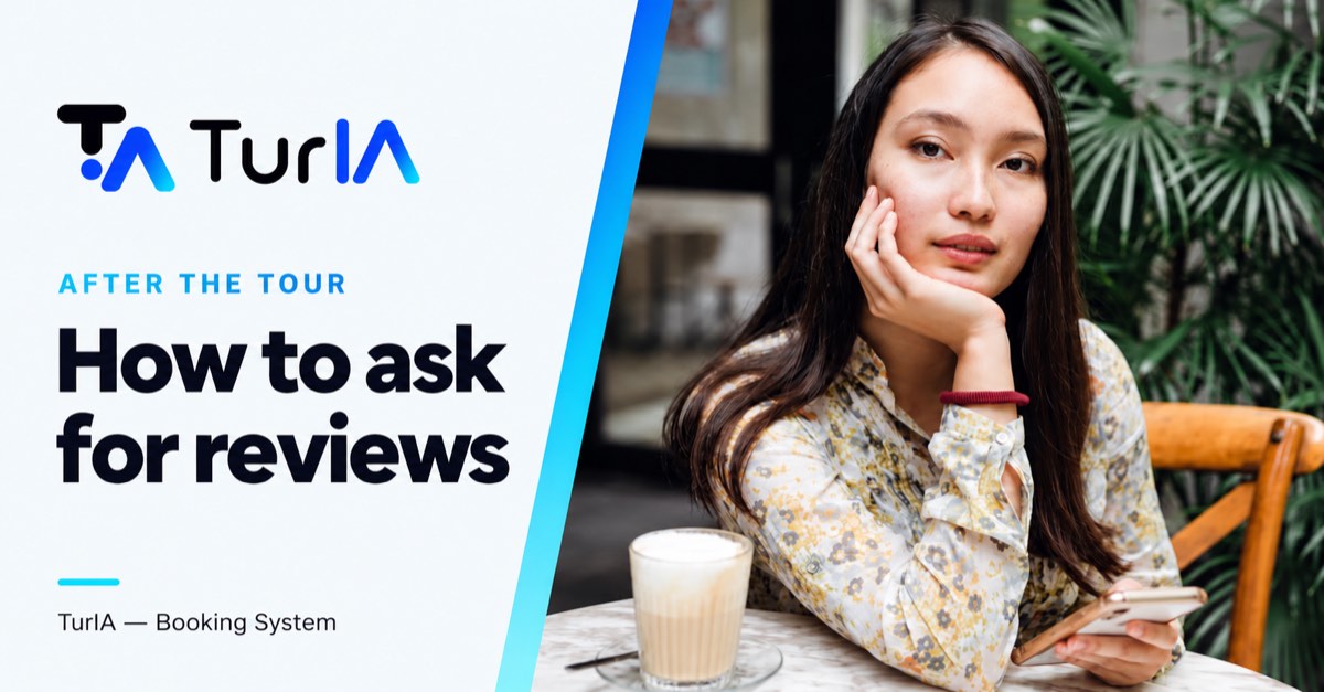 Woman holding a phone in a café: how to ask for reviews