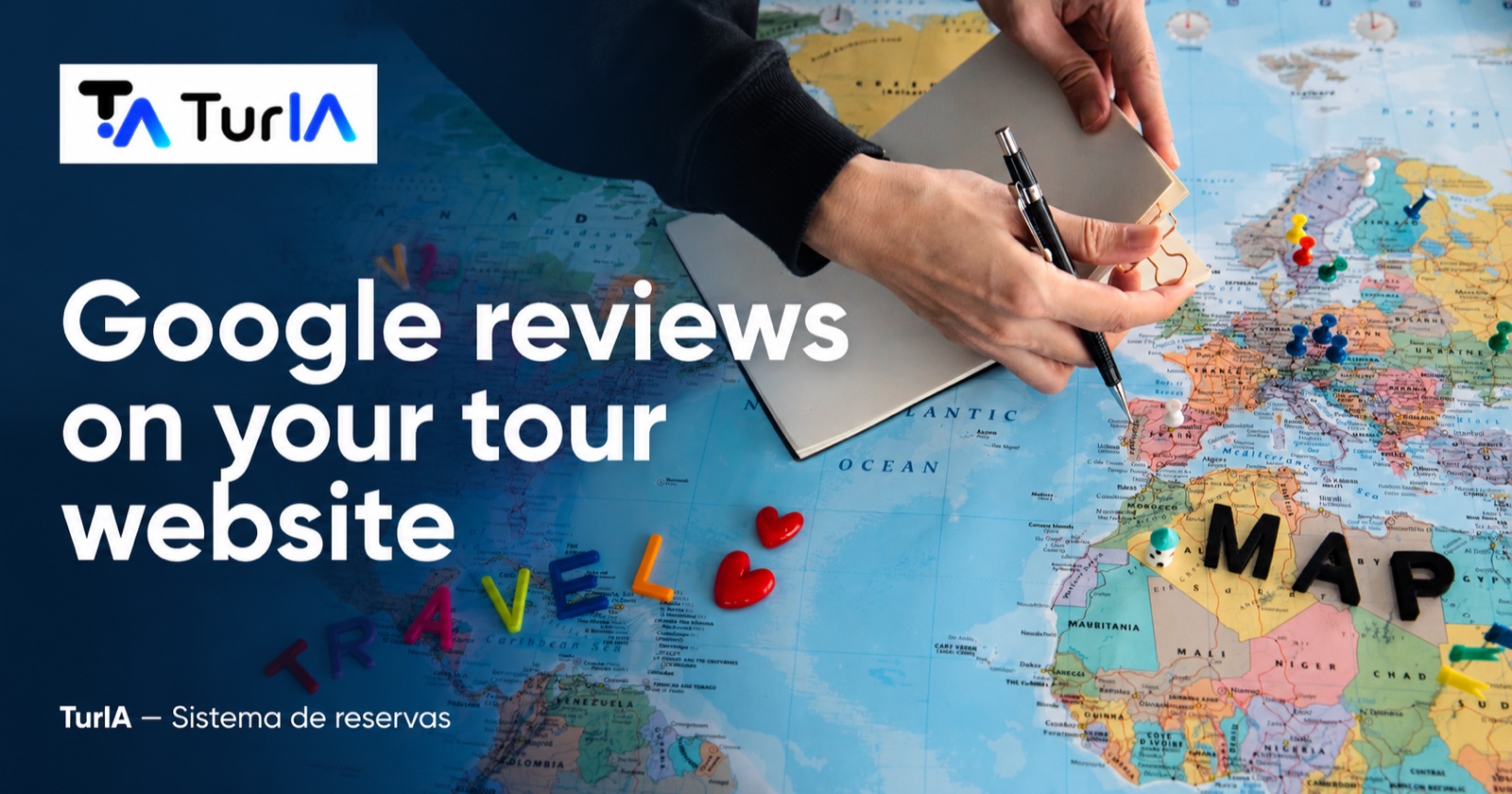 Travel planning on a world map with the headline Google reviews on your tour website